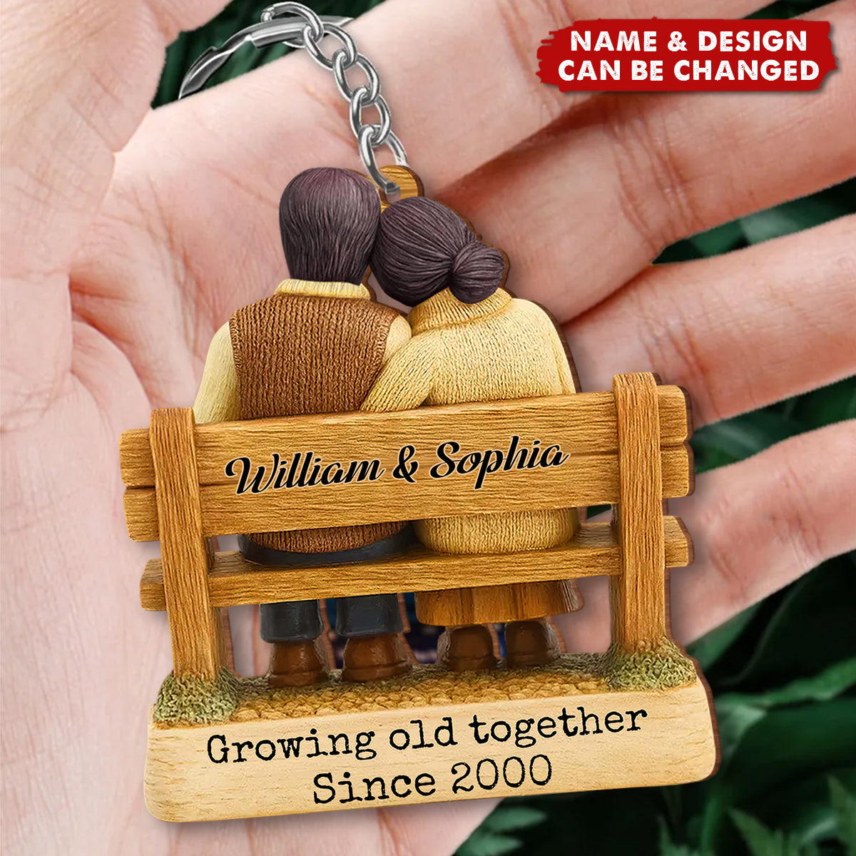 Personalized Couple On Bench Wooden Keyring With "Growing Old Together" & Nmae & Icons - Anniversary Valentine's Day Gift For Couples
