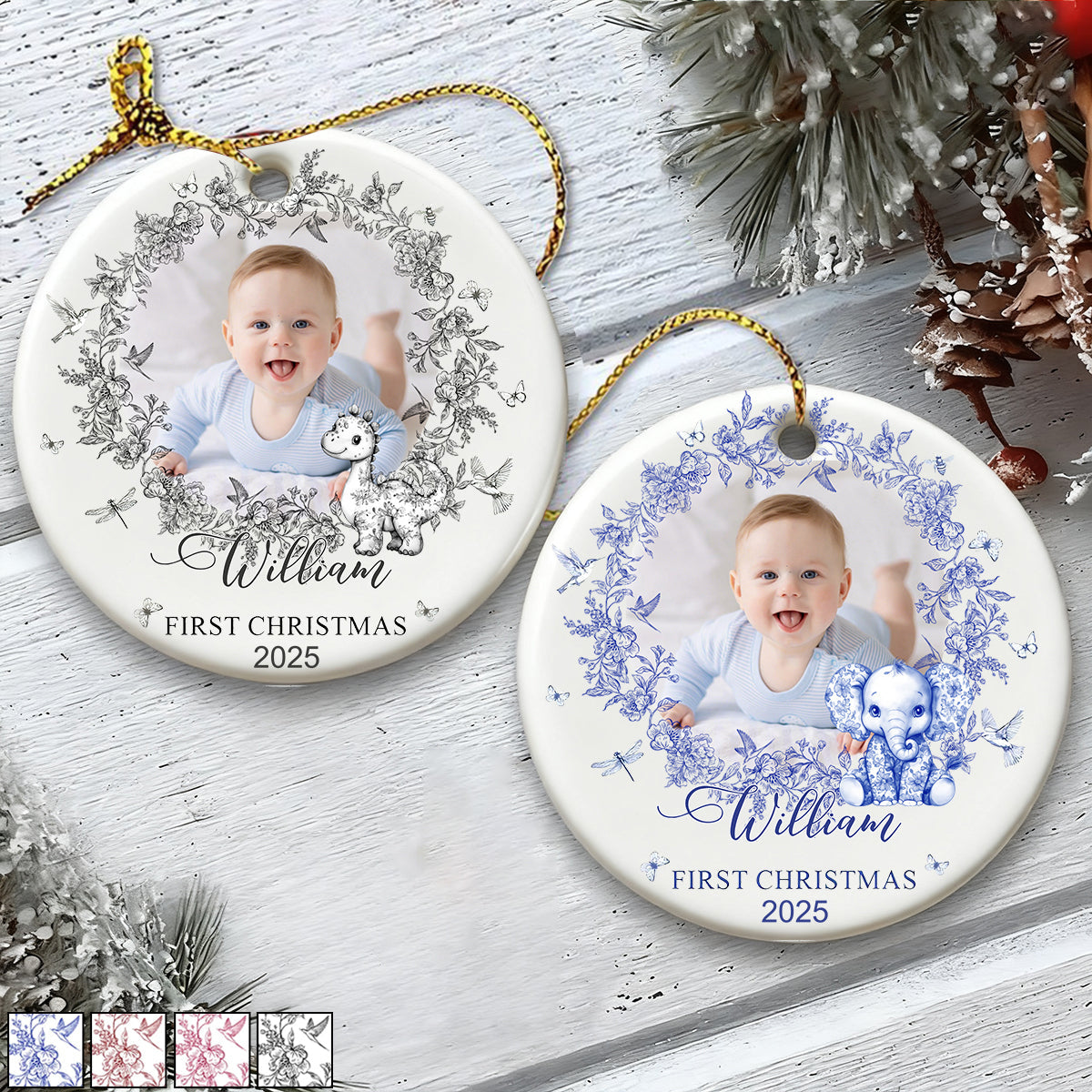 Personalized Baby's First Christmas Ornament With Photo Name & Year Toile De Jouy Design Timeless Gift For Baby Girl & Boy