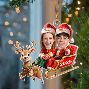 Personalized Reindeer sleigh Ornament With Photo Names and Year,Heartwarming Christmas Gift For Best Couple & Friends