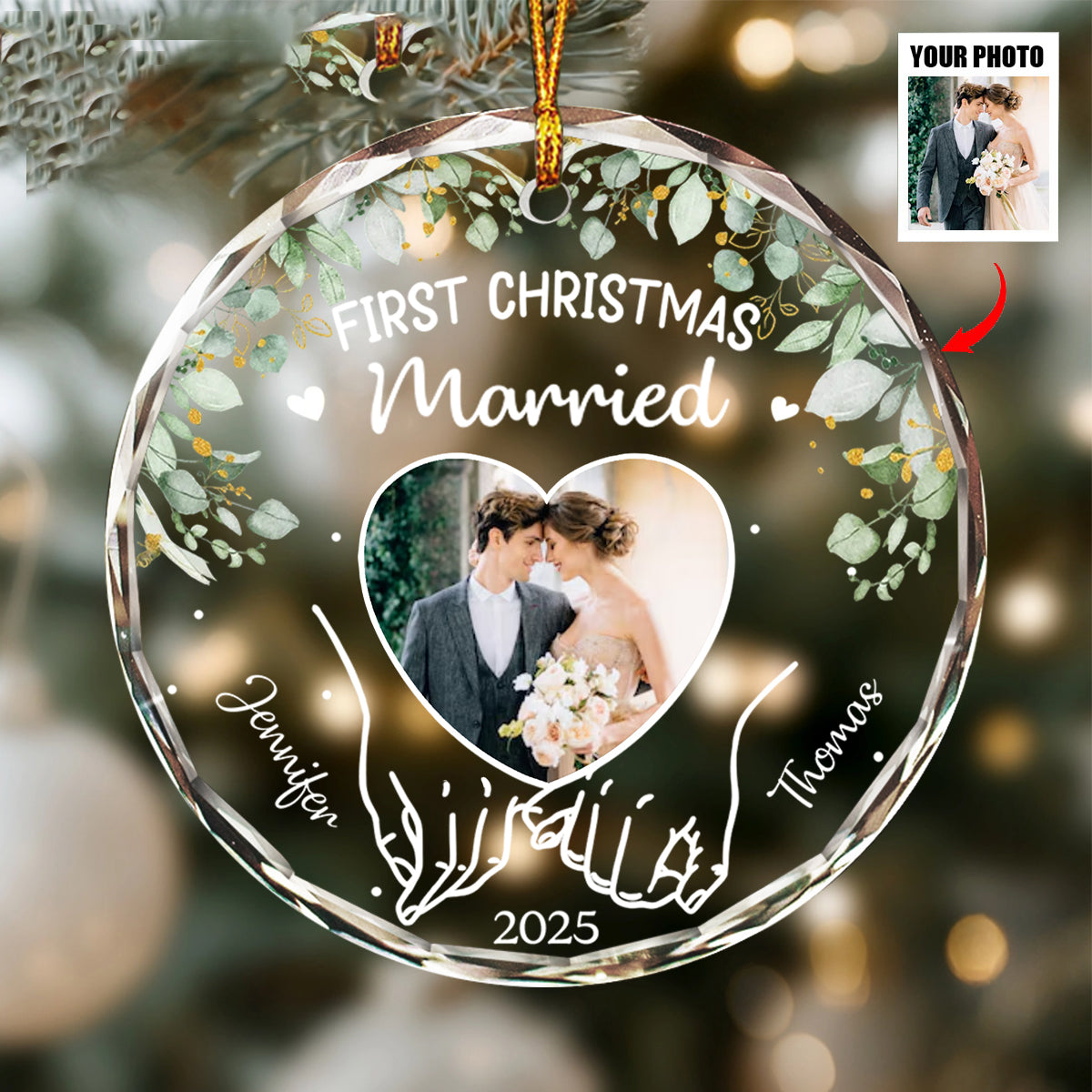 Custom Photo First Christmas Married Ornament - Name & Photo Personalized | Exclusive Wedding & Anniversary Gift For Couples & Newlyweds