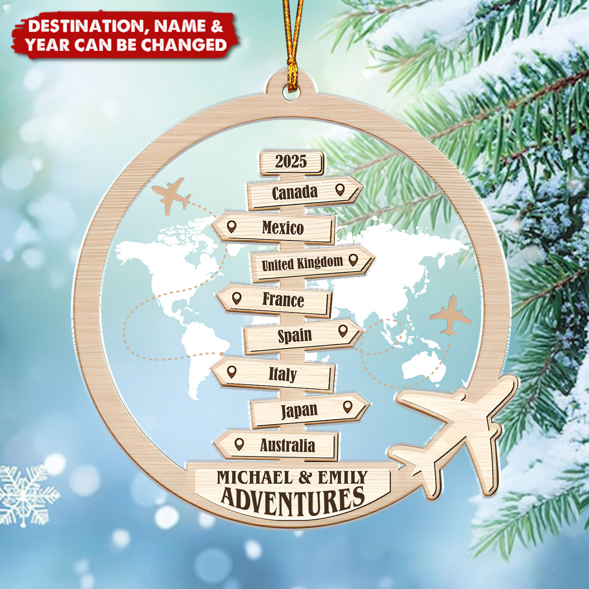 Personalized Travel Ornament - Custom Engraved Destination Map, Names & Year | Unique Anniversary & Christmas Gift For Couples & Travel Lover