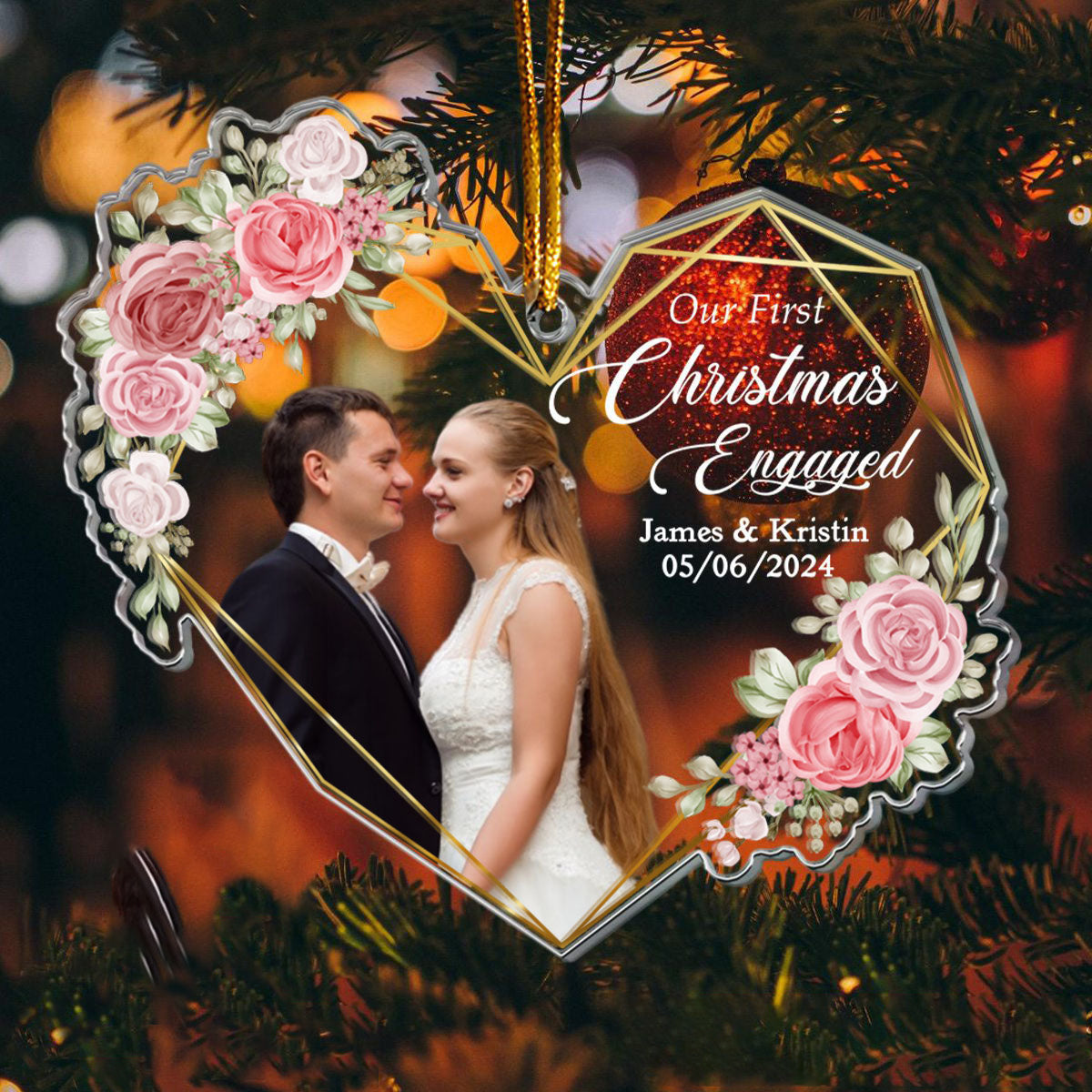 Custom Photo Christmas Ornament | Personalized Name,Photo & Date | Acrylic Heart | 1st Christmas Anniversary For Engaged & Newlyweds