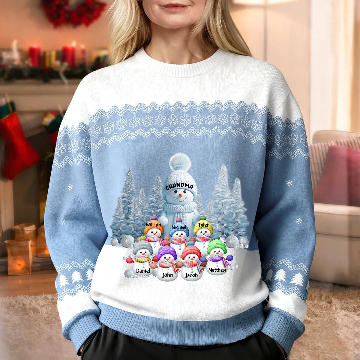 Personalized "Grandma's Little Snowman" Wool Sweater With 1-8 Names Heartwarming Christmas Gift  For Grandma Mom Kids