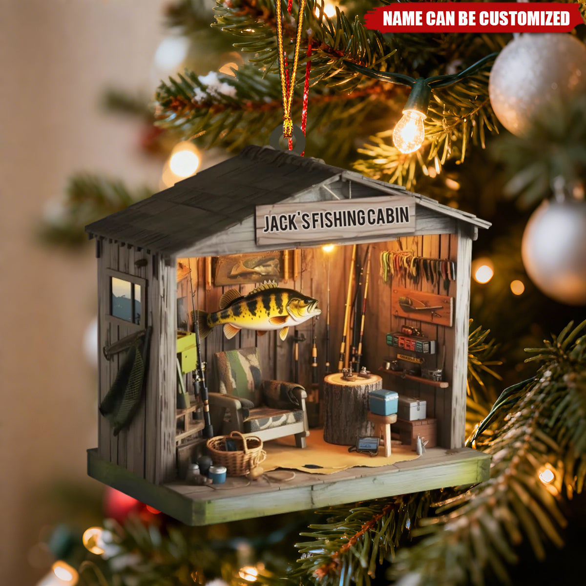 Personalized "Man Cave" Fishing Shack Acrylic Ornament With Name - Best Xmas Decor Birthday Gift For Grandpa & Fishermen