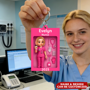 Personalized 3D Effect Nurse Doll Box Acrylic Keyring With Name & Year & Icons - Thank You Gift Birthday For Healthcare Worker & Nurse