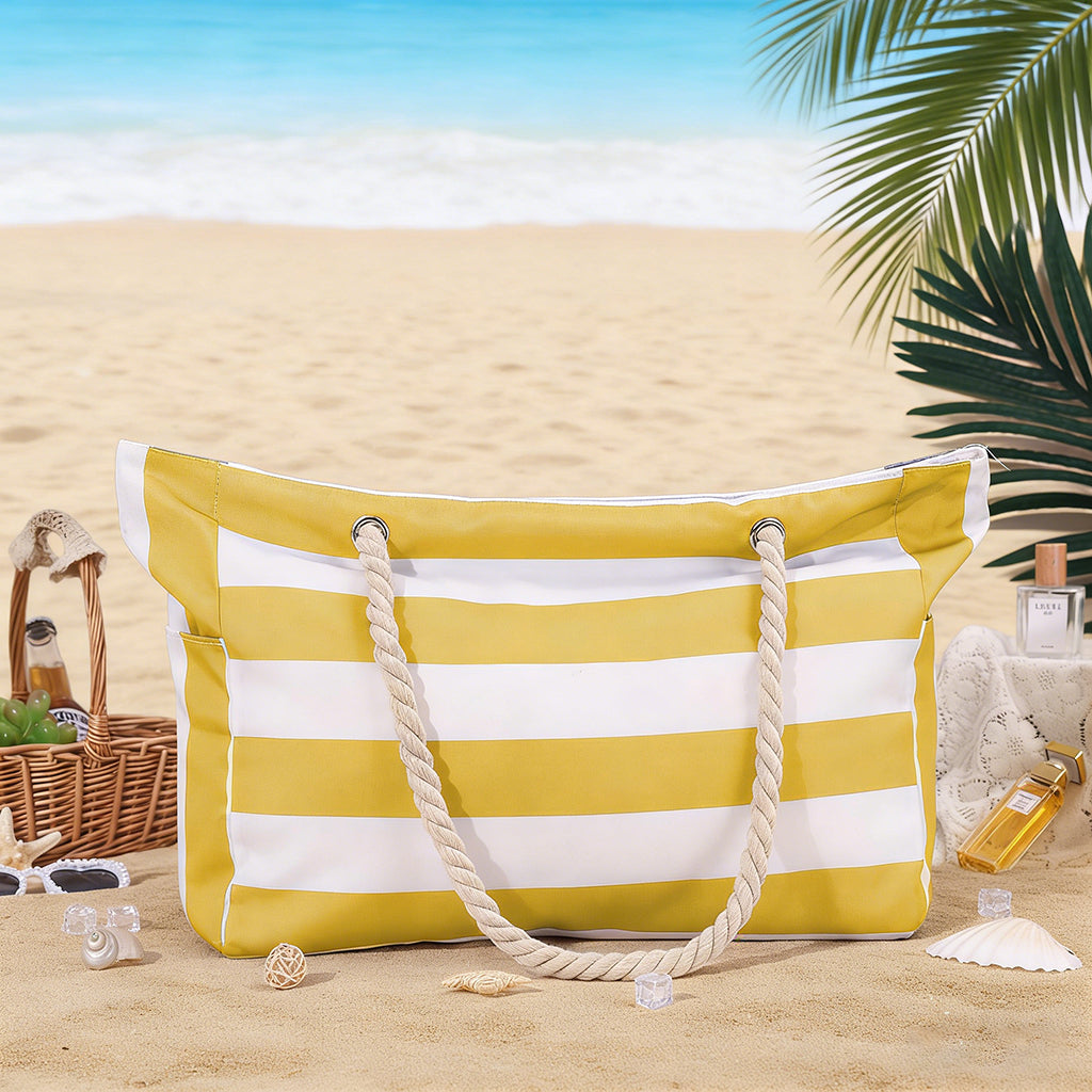 Personalized Waterproof Striped Beach Bag With Embroidered Name - Vacation Gift For Women