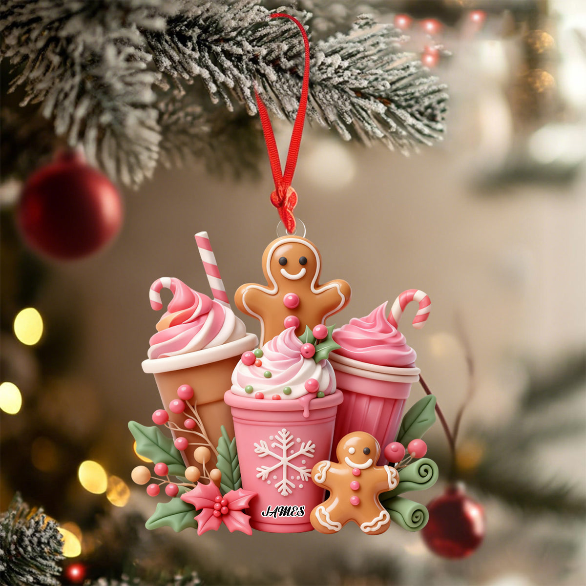 Personalized Pink Gingerbread Coffee Ornament With Name Sweet Christmas Gift For Coffee Lover Baker