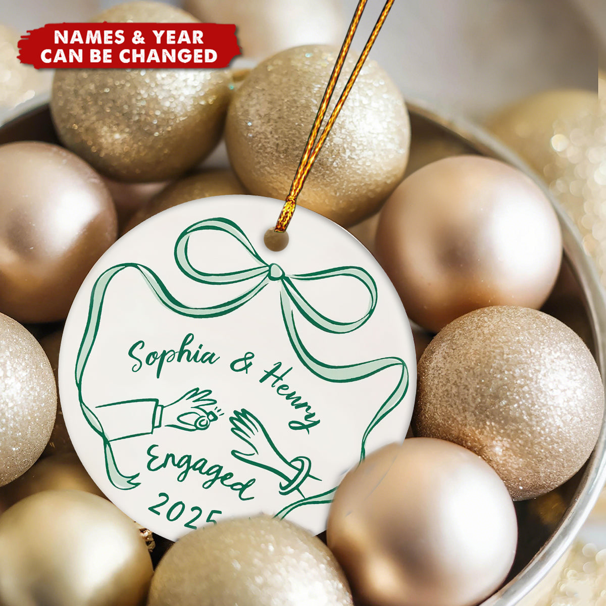 Personalized First Christmas Engaged Ornament | Custom Ceramic Engagement Gift For Couples & Fiancés For Christmas Anniversary