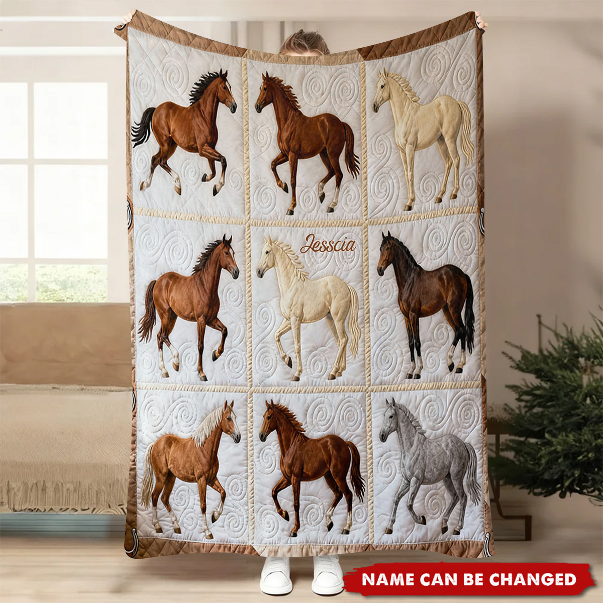 Personalized Horse Lover Fleece Blanket With Name | Nine-Square Grid Pattern | Cozy Birthday Xmas Gift For Rider Horse Owner