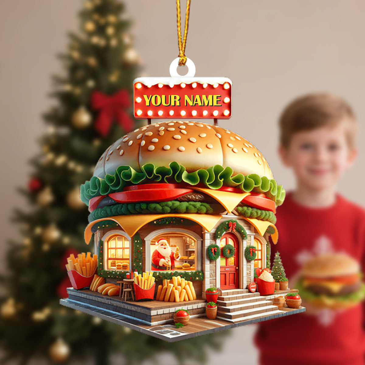 Personalized Burger Christmas Ornament With Name,Fun Unique Christmas Gift For the Burger Lover
