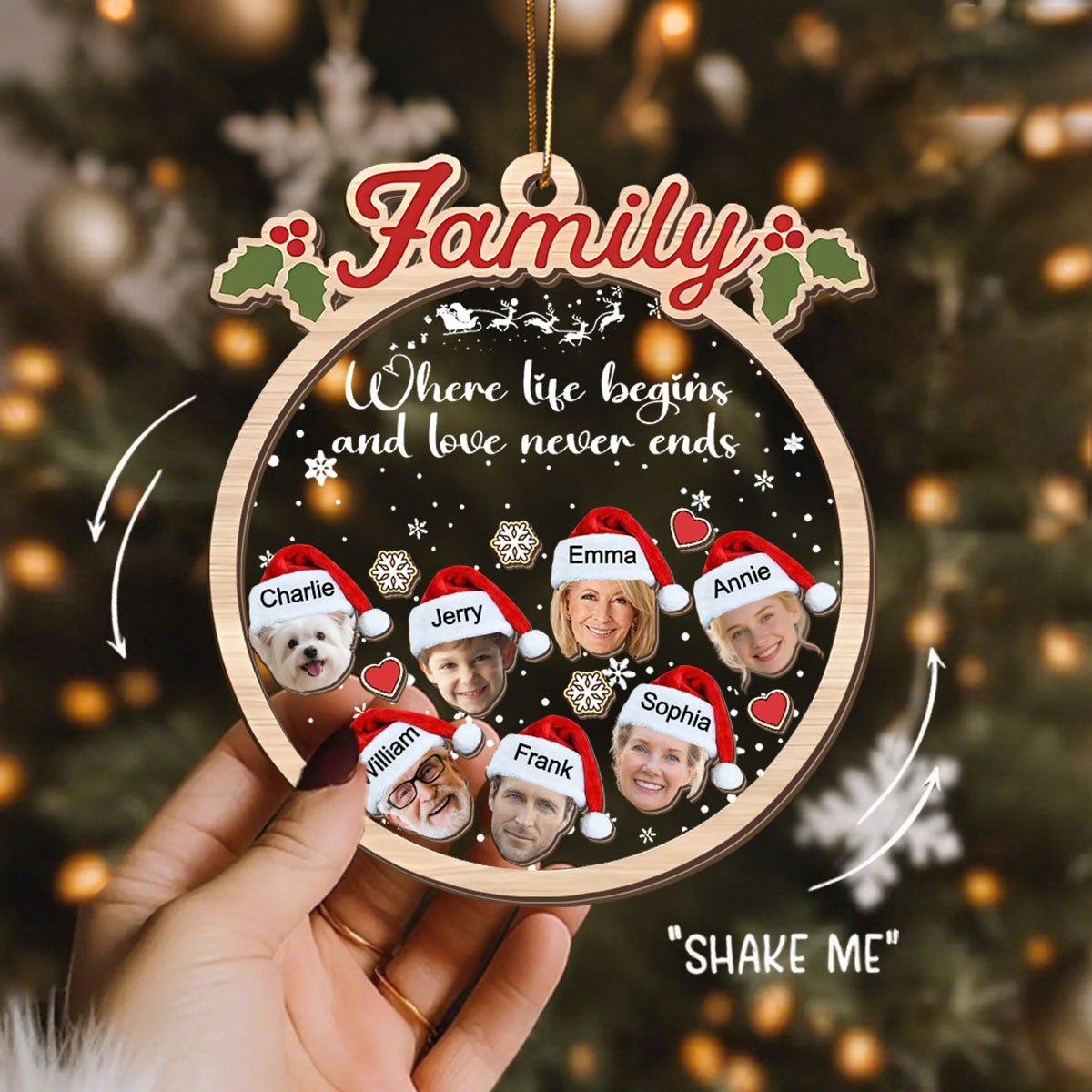 Personalized Family Face Shaker Christmas Ornament With Names & Photos,Family Fun Shaker Christmas Gift
