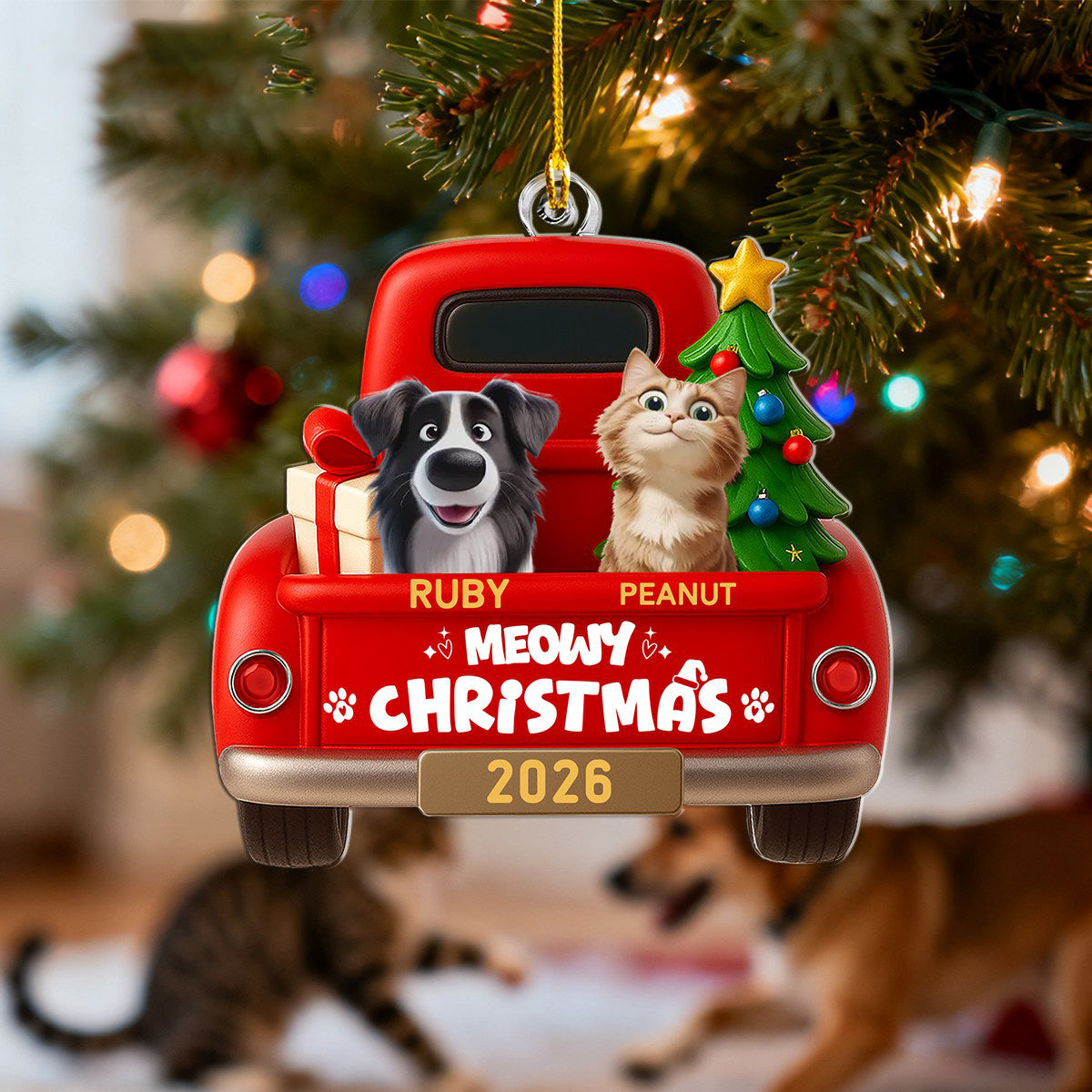 Personalized Cute Pets Riding In Red Trucks Ornament With 1-5 Names & Design Merry Christmas Gift For Pet Lovers