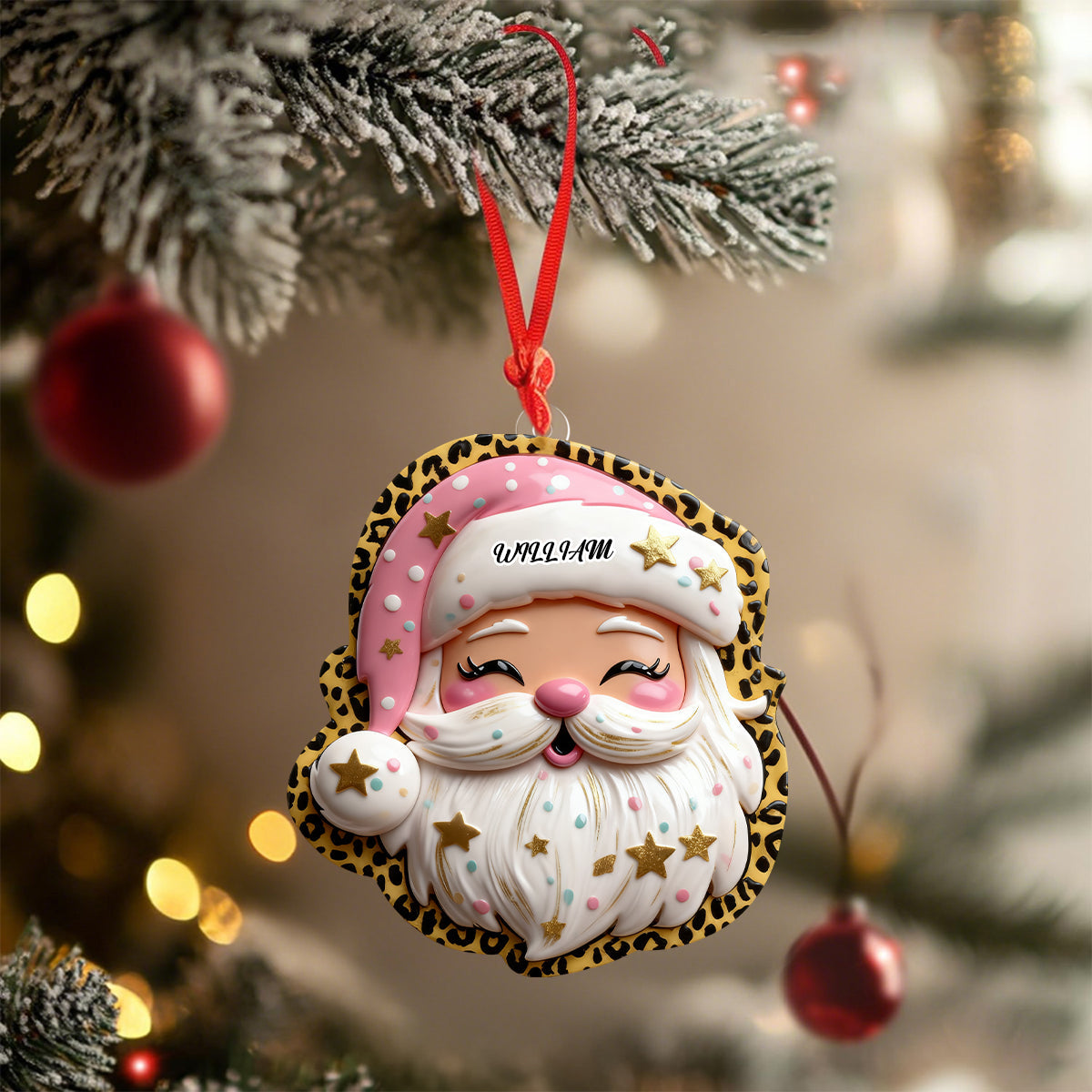 Personalized Cute Pink Leopard Preppy Santa Ornament With Name Exclusive Christmas Magic For Him For Her