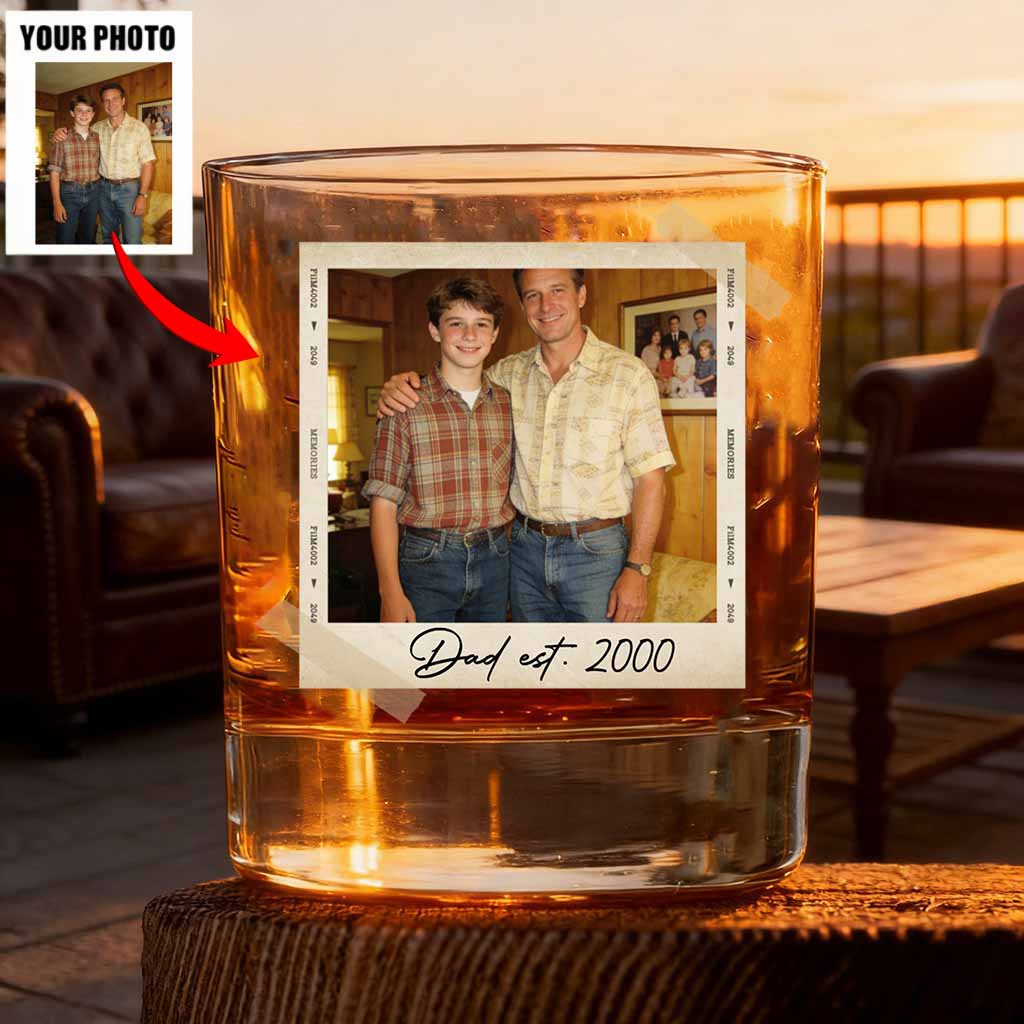 Custom Retro Polaroid Style Whiskey Glass With Photo & Message - Father's Day Gift For Dad & Grandpa