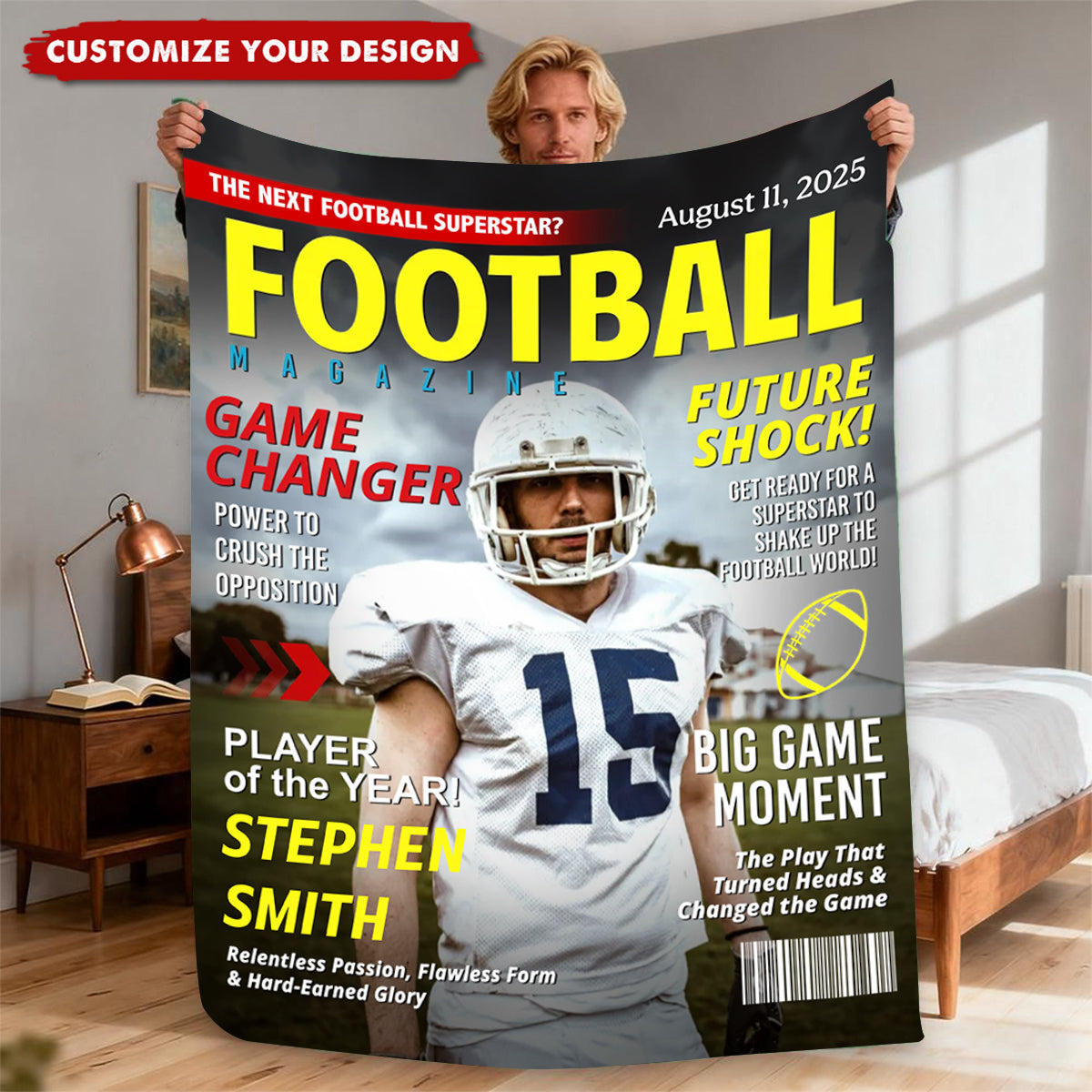 Personalized Football Magazine Cover Blanket With Photo & Name & Date & Headline | Unique Birthday Gift For Football Lover Athlete Kids