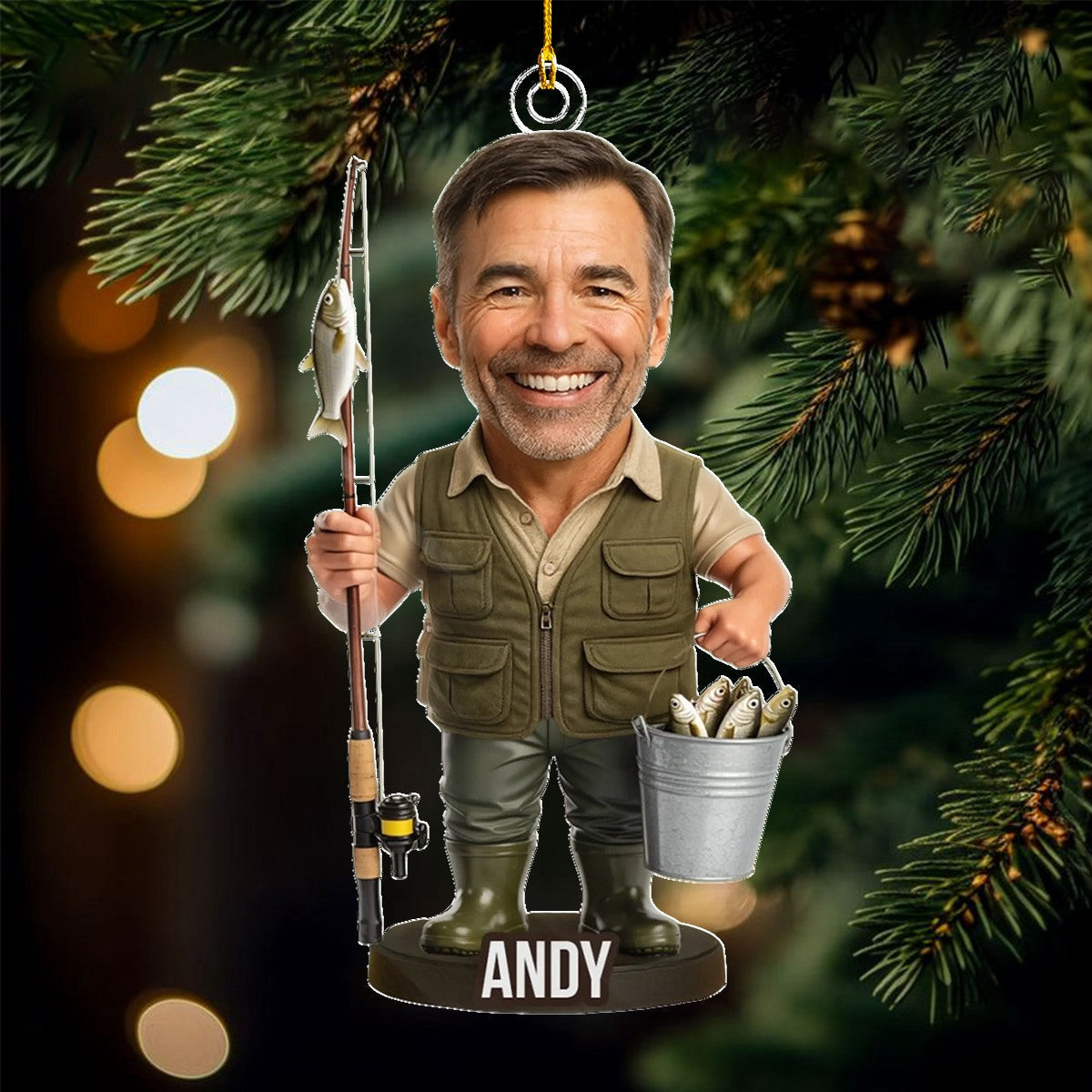 Personalized Fisherman Christmas Ornament With Name And Photo,Unique Angler Decor For Dad,Grandpa,Friend.