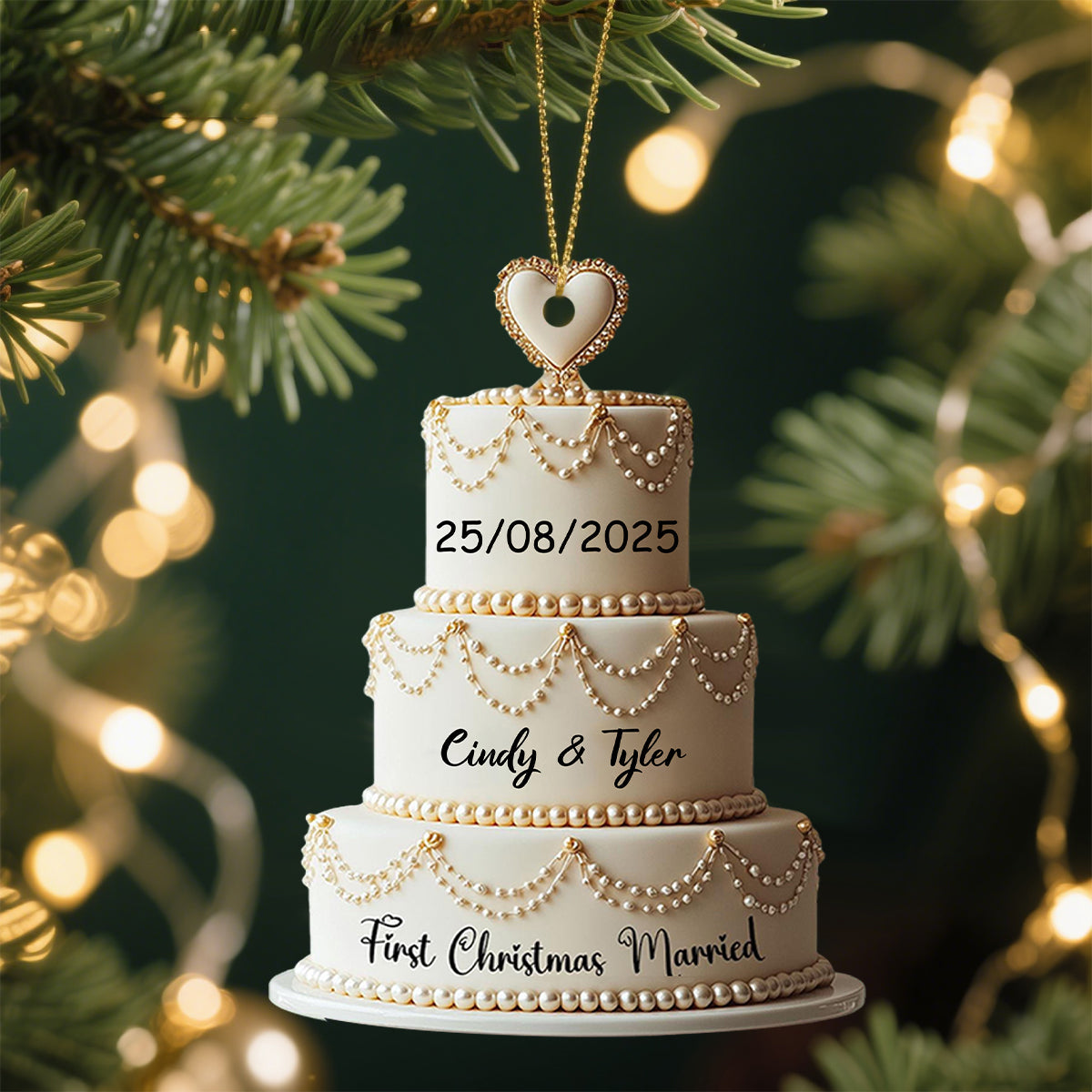 Personalized Wedding Cake Ornament With Names & Date,Romantic "First Christmas Married" Gift For Newlyweds & Couple