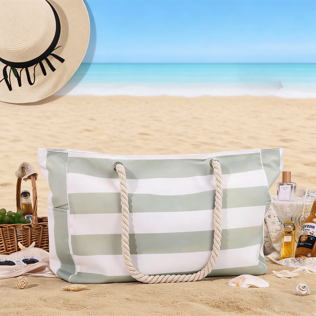 Personalized Waterproof Striped Beach Bag With Embroidered Name - Vacation Gift For Women