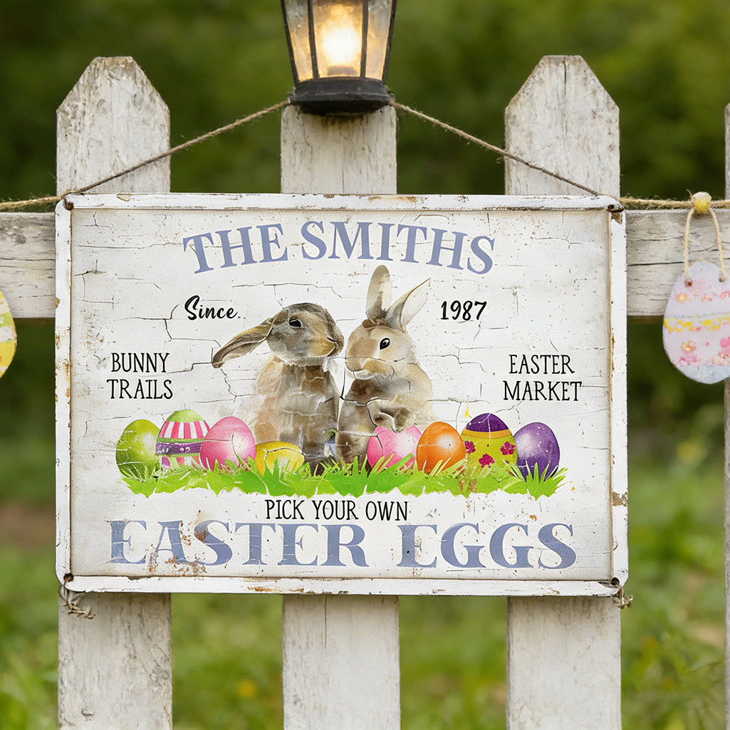 Personalized Vintage Bunny Easter Eggs Metal Sign With Names & Year - Garden Decor Gift For Family