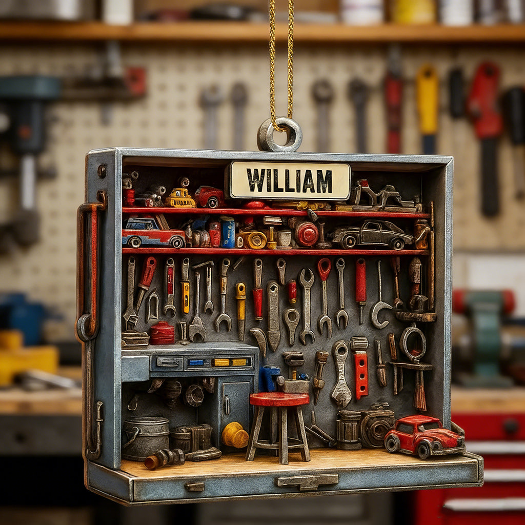 Personalized Vintage 3D Effect Miniature Tool Room Wooden Ornament With Workshop Tools & Name - Father’s Day Gift For Dad & Handyman