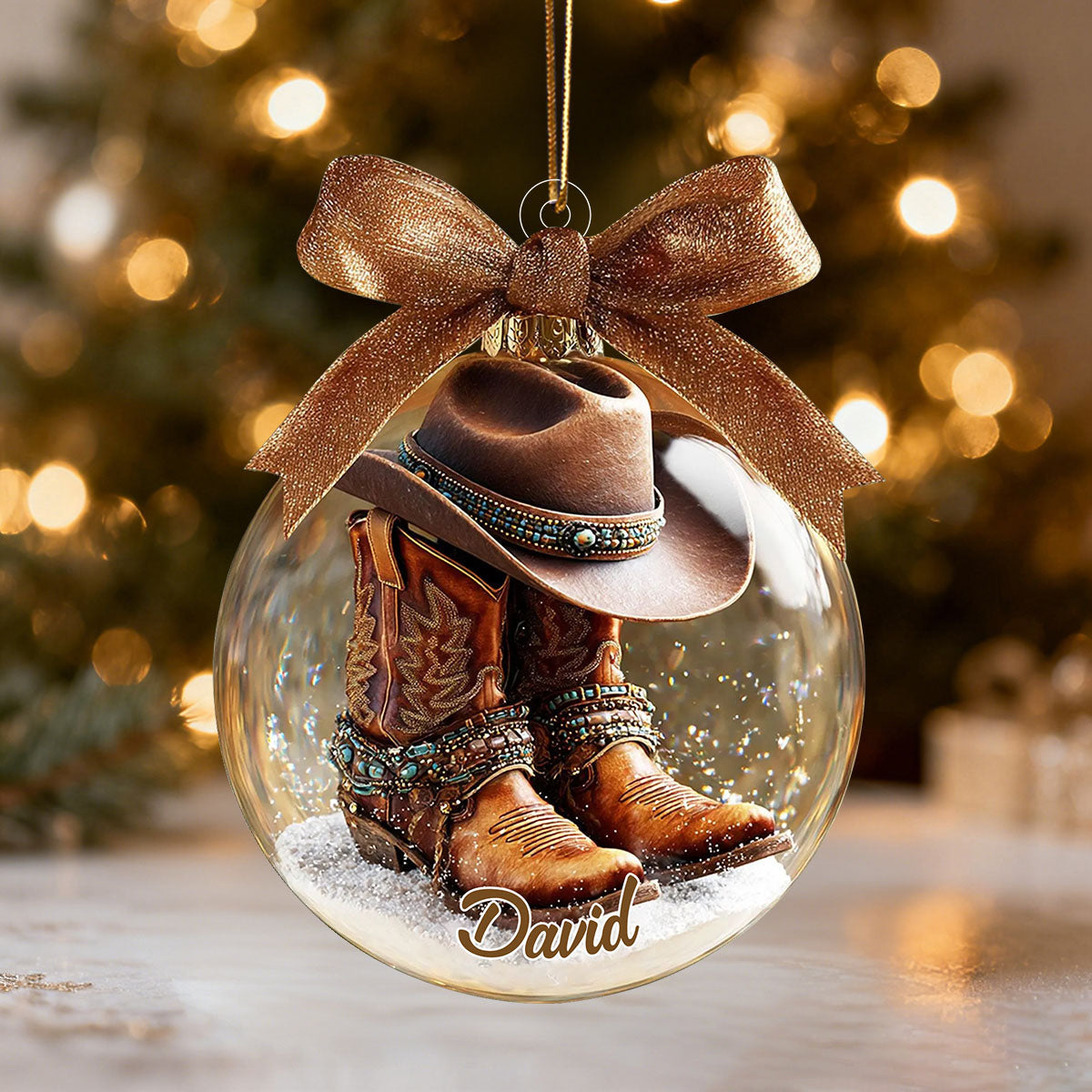 Personalized Western Style Brown Cowboy Boots Ornament With Name Hat & Bow Western Cowboy Passion Gifts For Him Her