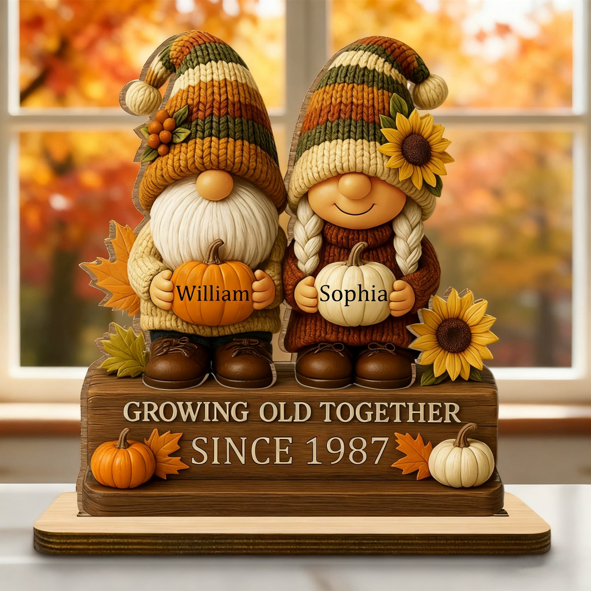 Personalized "Growing Old Together" Gnome Plaque With Couple Names & Sunflowers Pumpkins Autumn's Warm Charm For Couple Gift For Grandparent
