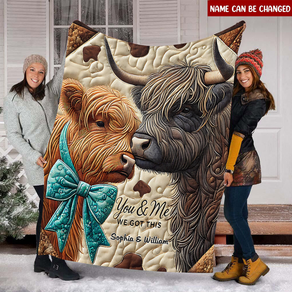Personalized Highland Cow Couple Blanket With Names | "You & Me We Got This" Quote | Cozy Xmas Anniversary Gift For Couples