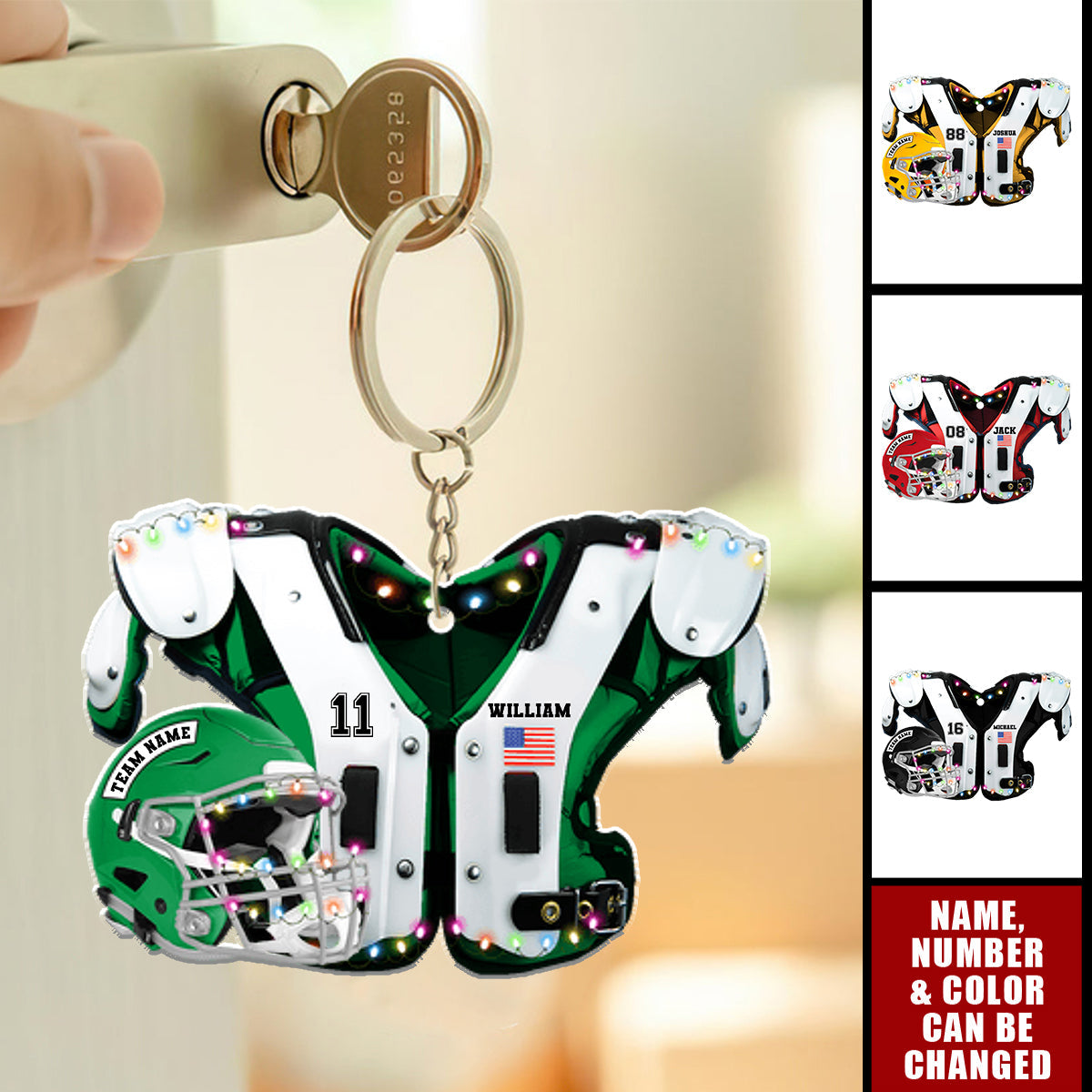 Personalized American Football Shoulder Pads & Helmet Keychain With Name & Color & Number | Unique Sporty Gift For Teenagers & Athletes