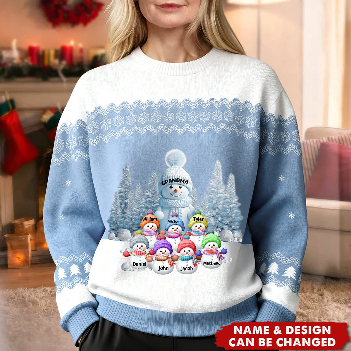 Personalized "Grandma's Little Snowman" Wool Sweater With 1-8 Names Heartwarming Christmas Gift  For Grandma Mom Kids