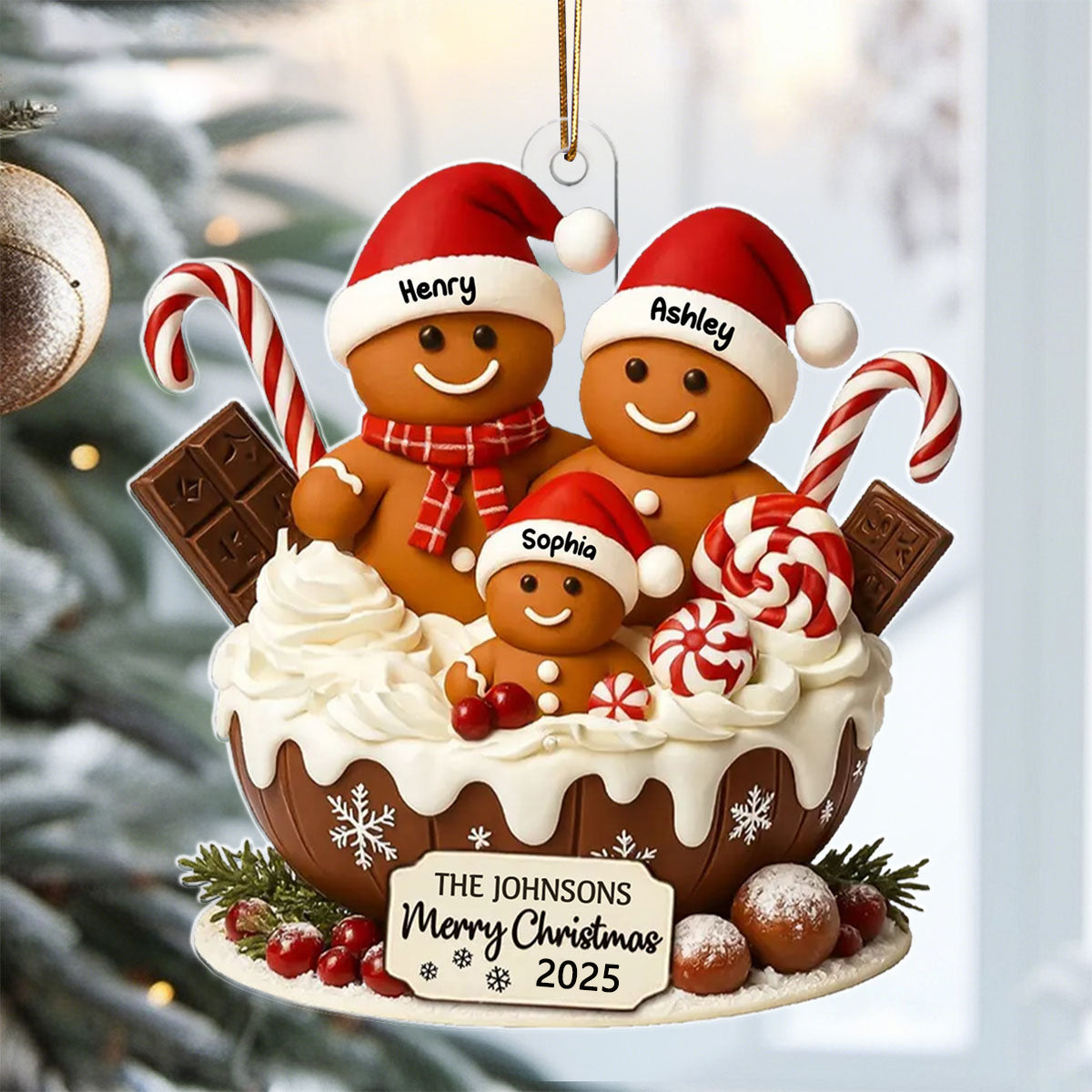 Gingerbread Family Holiday Delight Personalized Acrylic Ornament, Christmas Tree Decor, Family Ornament