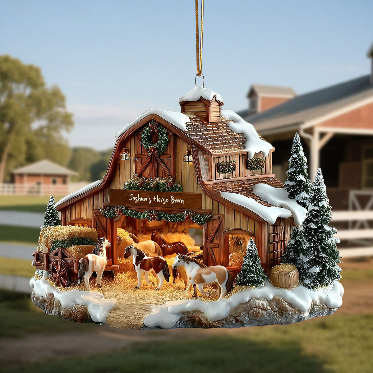 Personalized Horse Barn Christmas Ornament With Name,Winter Equestrian Fun For Horse Lovers & Barn Family