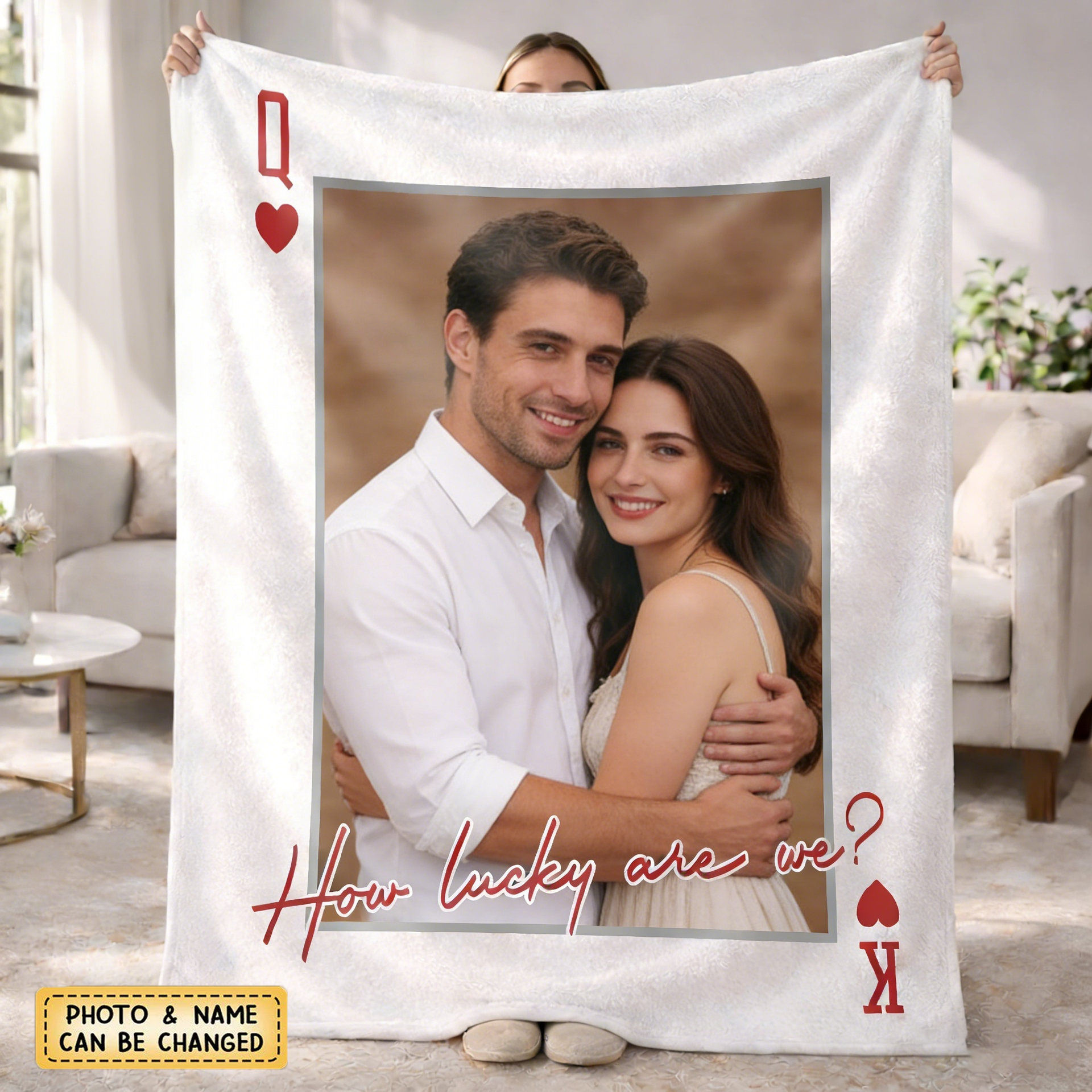 Personalized Always And Forever Playing Card Portrait Blanket With Photo & Initial Letter | Romantic Anniversary Valentine's Day Gift For Couples