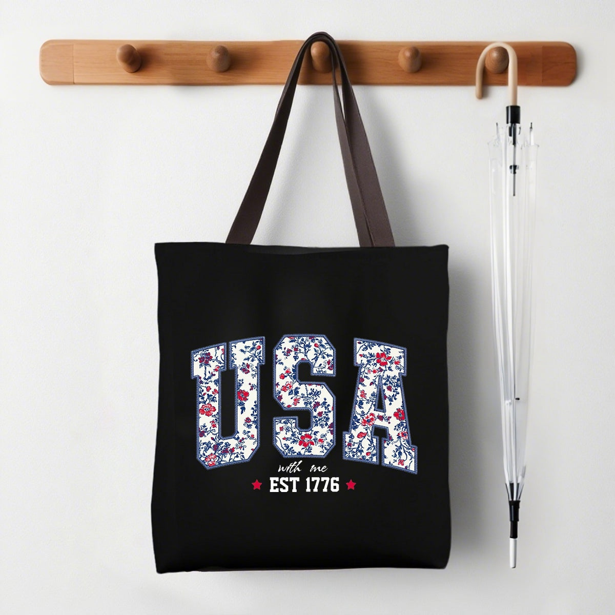 Personalized Tote Bag Floral USA 4th Of July Summer Patriotic America Est 1776 Independence Day