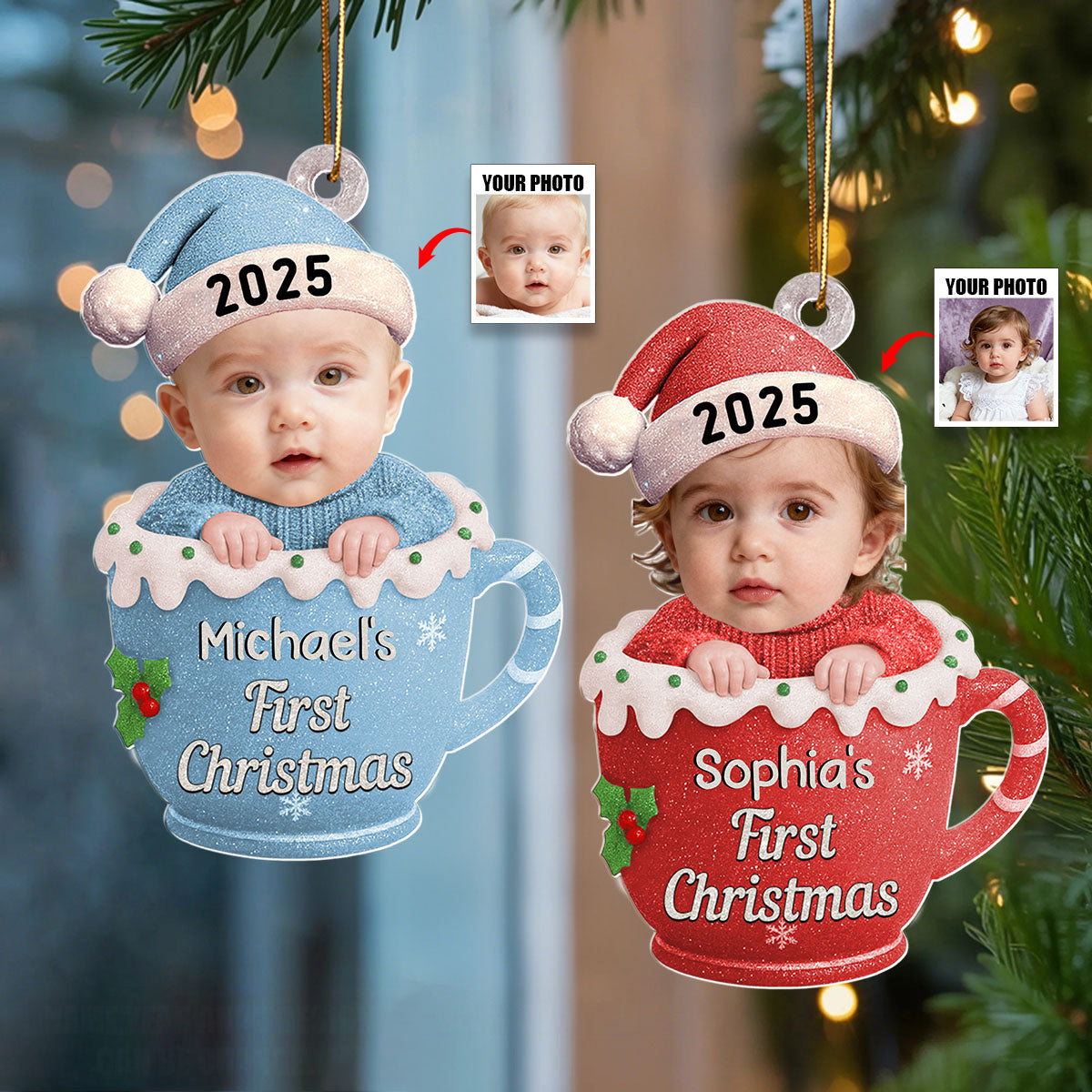 Personalized Cute Baby Christmas Cup Ornament With Photo Name & Year Baby's First Christmas Surprise For Family