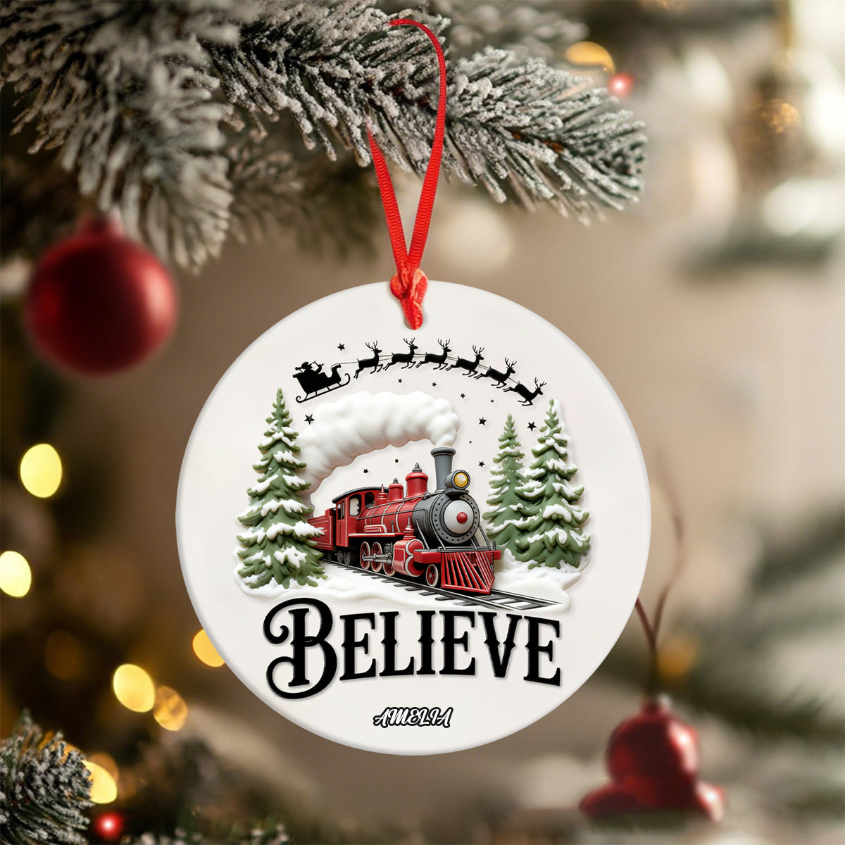 Personalized Believe North Pole Train Ceramic Ornament With Name & Elk Santa Claus Silhouette Christmas Decoration For Family