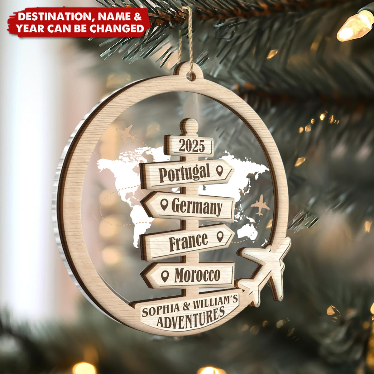Personalized Travel Ornament - Custom Engraved Destination Map, Names & Year | Unique Anniversary & Christmas Gift For Couples & Travel Lover