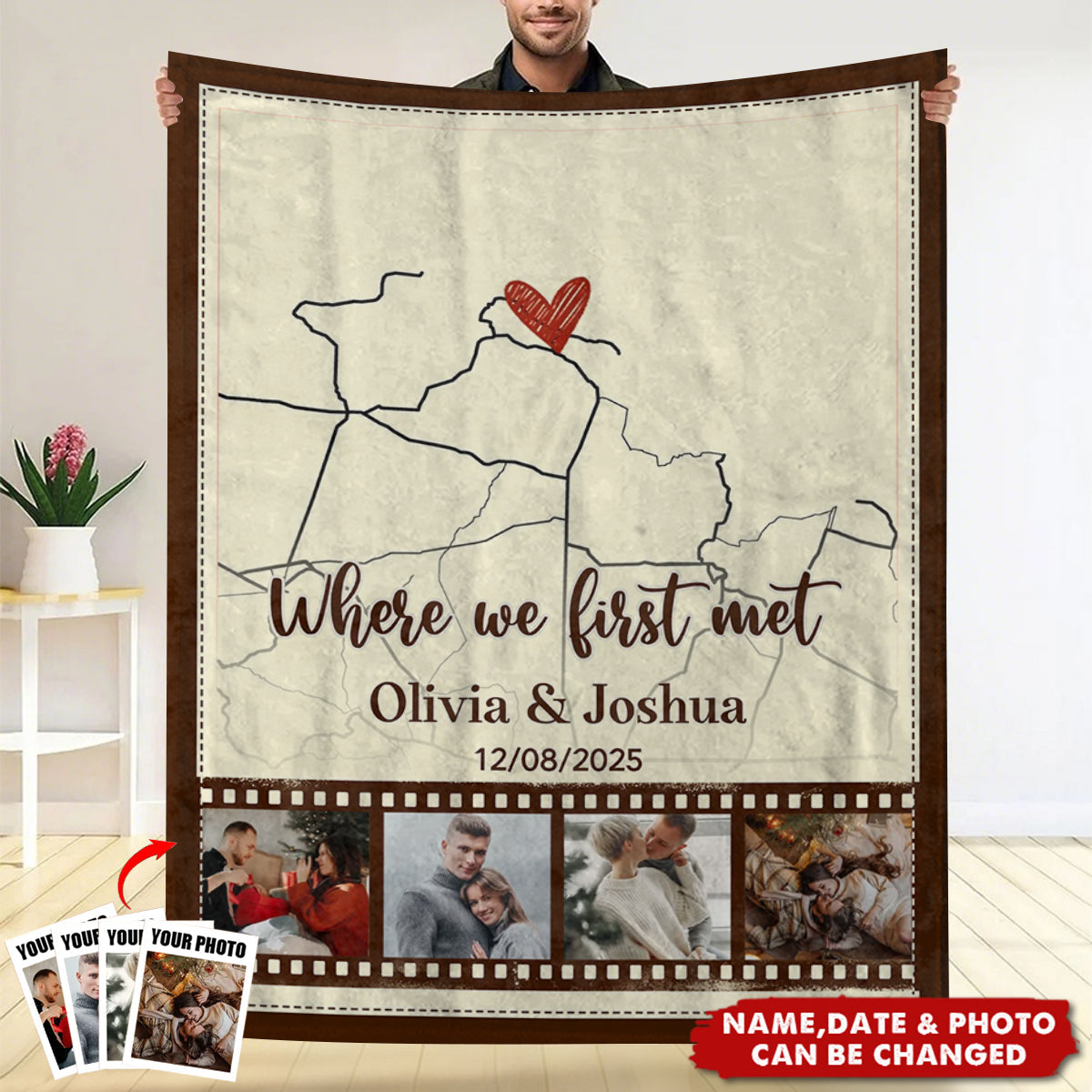 Personalized "Where We First Met" Map Art Blanket With 4 Photos & Names & Date | Romantic Anniversary Valentines Day Gift For Couples