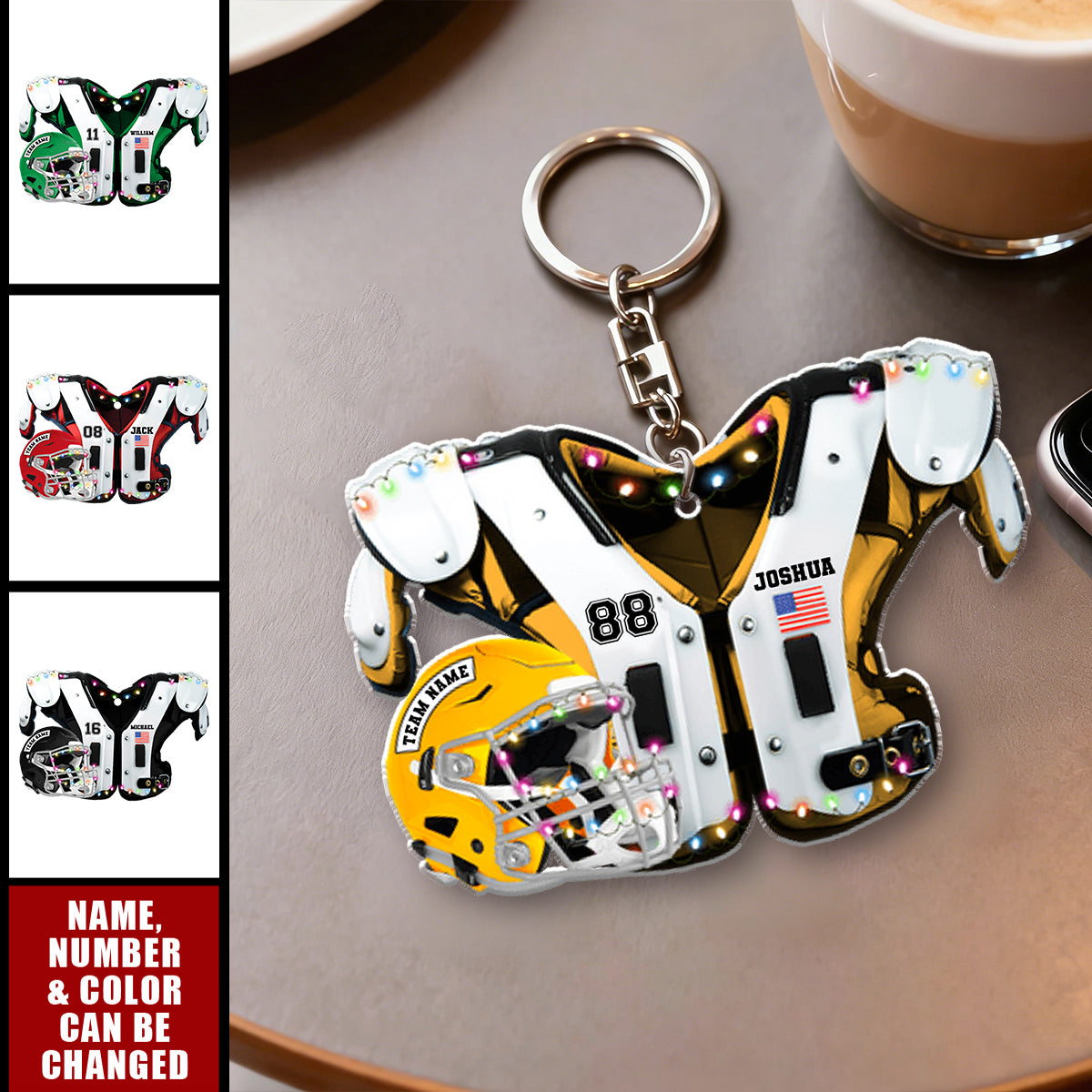 Personalized American Football Shoulder Pads & Helmet Keychain With Name & Color & Number | Unique Sporty Gift For Teenagers & Athletes