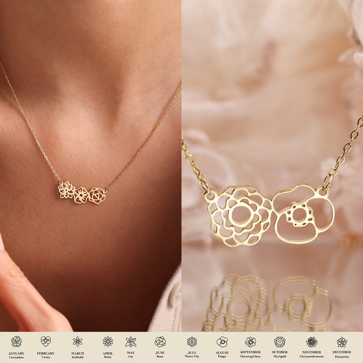 Personalized Dainty Birth Flower Necklace -12 Flower Shapes For Customization | Exclusive gift Birthday,Christmas,Anniversary For Mom For Girlfriend