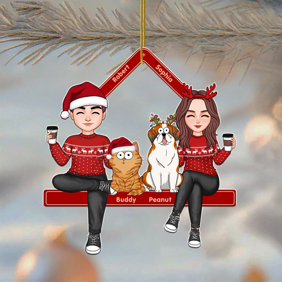 Cute Couple Sitting With Dogs Cats Personalized Acrylic Ornament