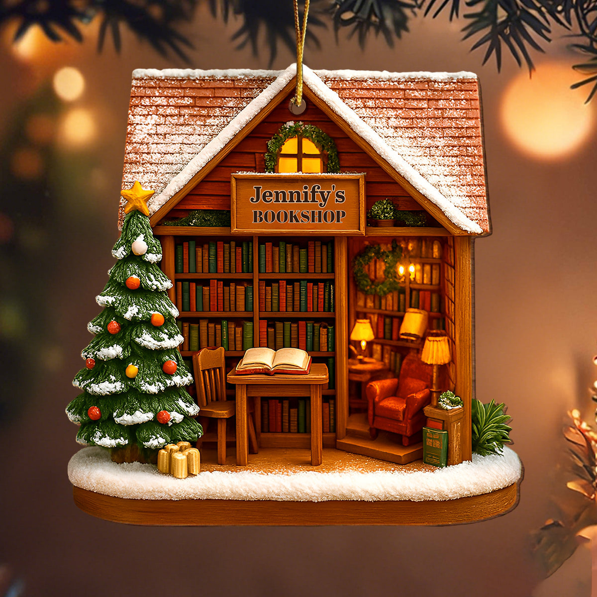Personalized "Bookshop Story" Wood Ornament With Name & Title Surrounded By Books And Festivals For Book Lovers
