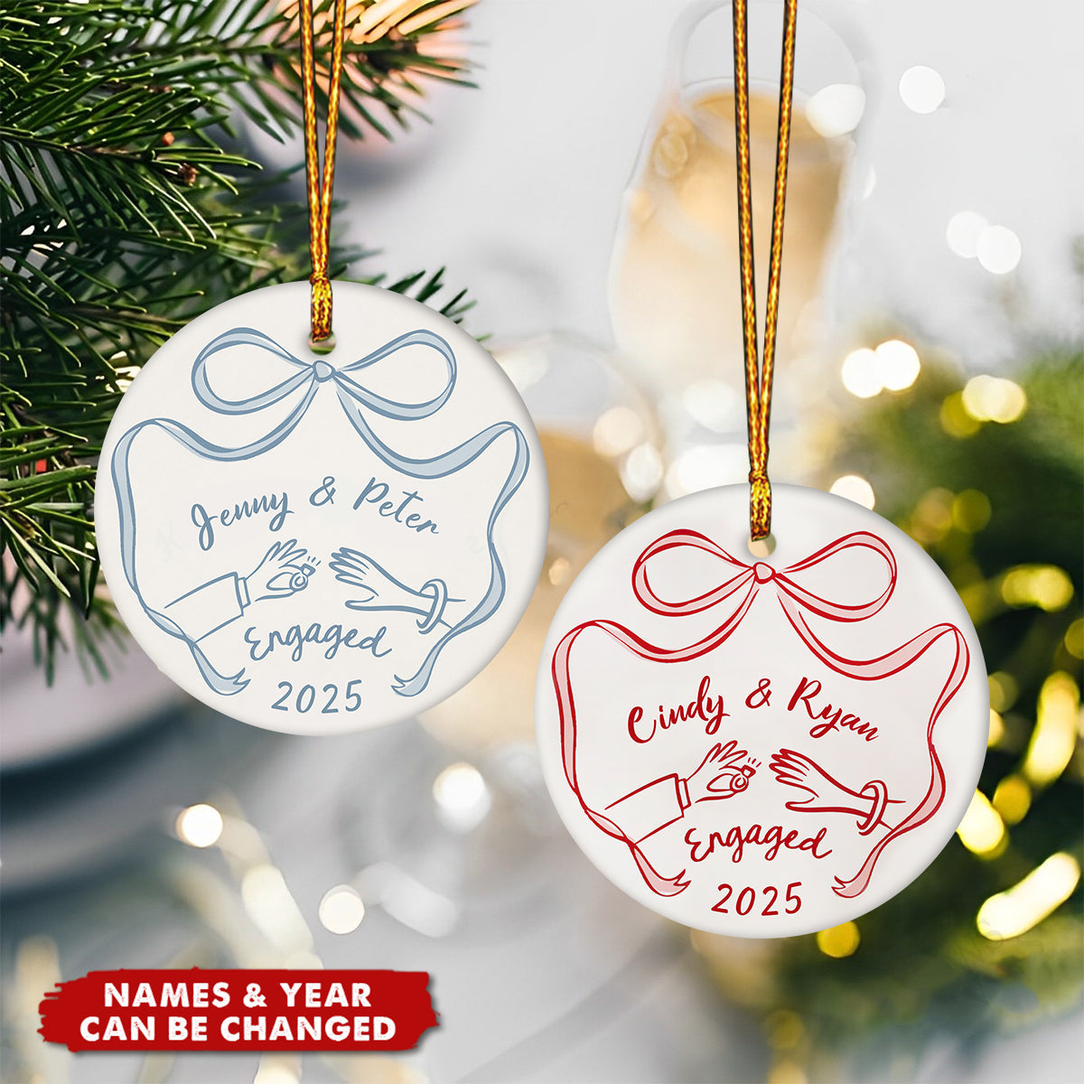 Personalized First Christmas Engaged Ornament | Custom Ceramic Engagement Gift For Couples & Fiancés For Christmas Anniversary