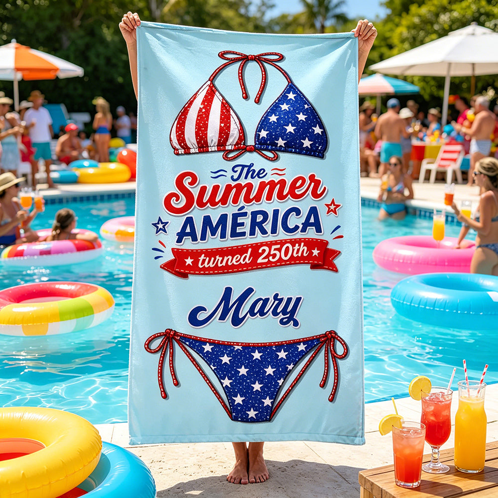 Personalized America 250th Beach Towel With Cherry Stars Stripes Bikini - Independence Gift For Her