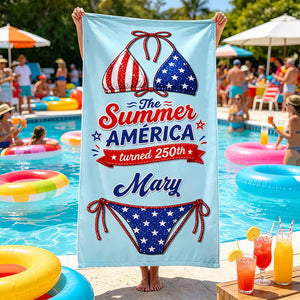 Personalized America 250th Beach Towel With Cherry Stars Stripes Bikini - Independence Gift For Her