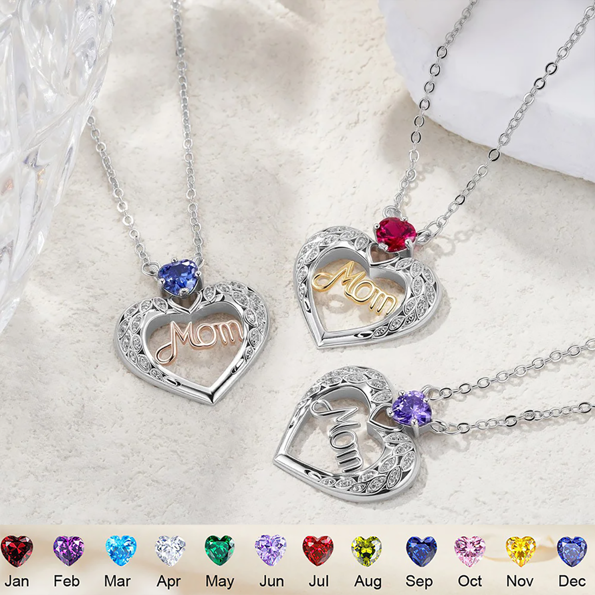 Personalized  Mother's Heart Necklace With Birthstone | Mother's Day Gift For Mom Grandma