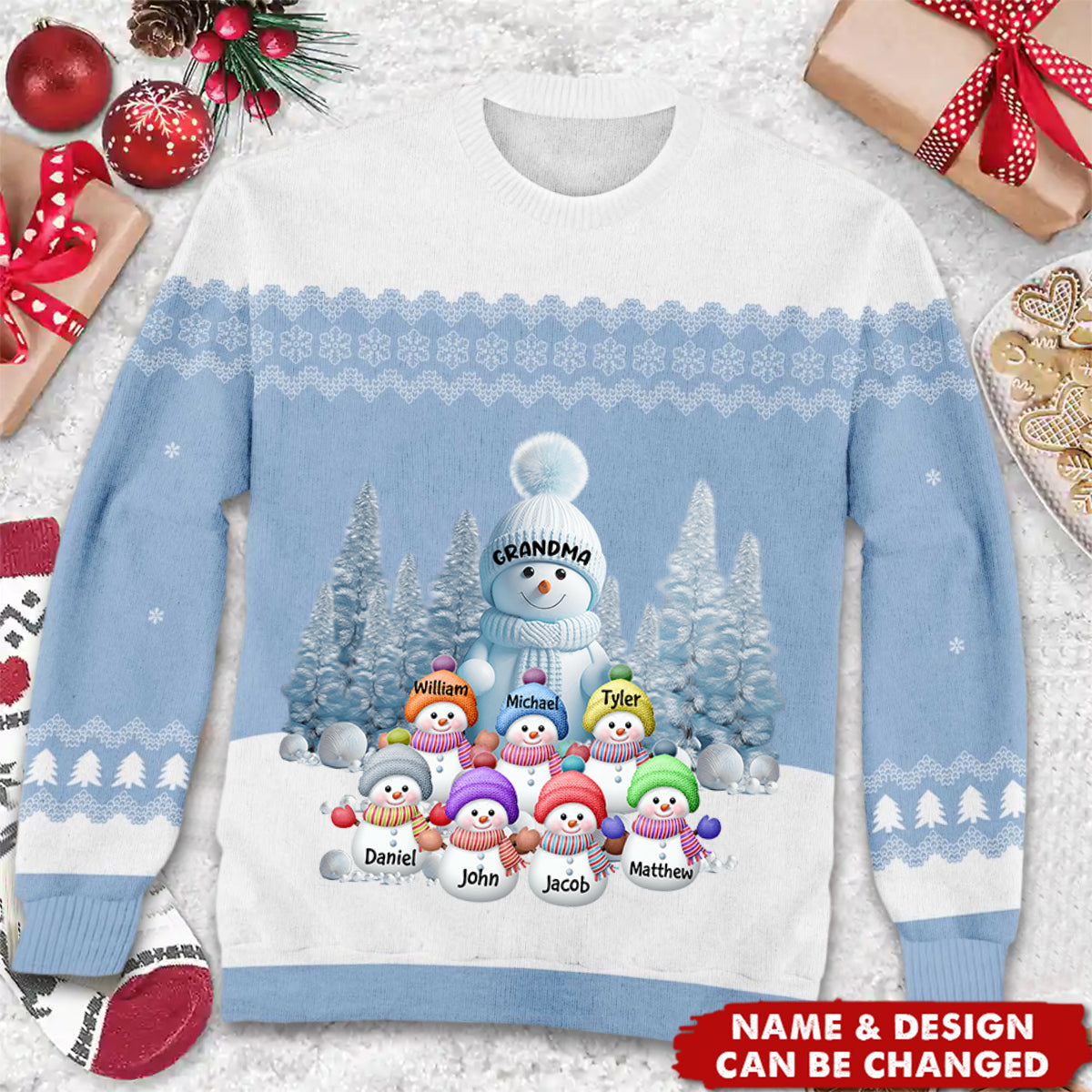 Personalized "Grandma's Little Snowman" Wool Sweater With 1-8 Names Heartwarming Christmas Gift  For Grandma Mom Kids