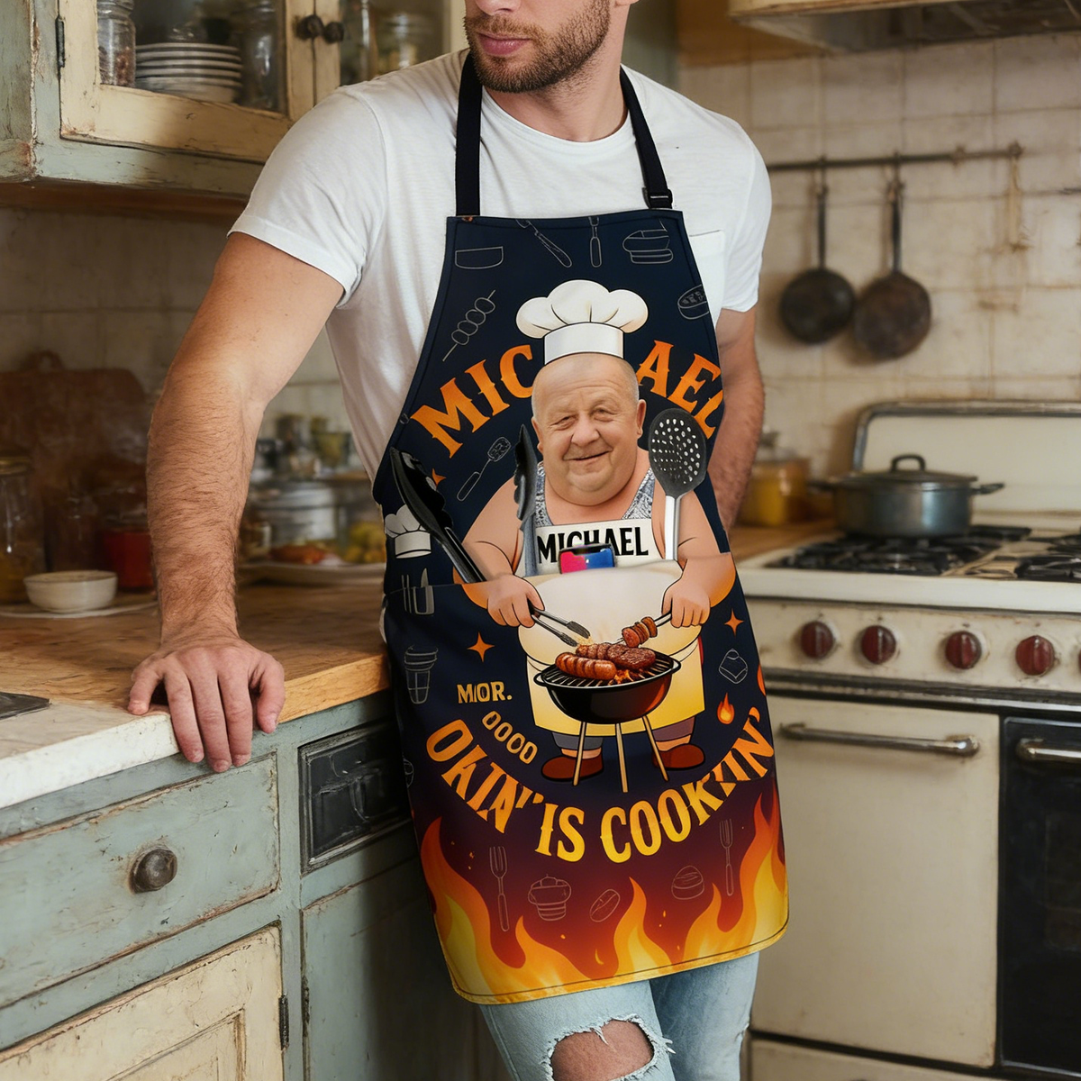 Personalized "Good Lookin' Is Cookin" Funny BBQ Apron With Photo & Name - Father's Day Gift For Dad