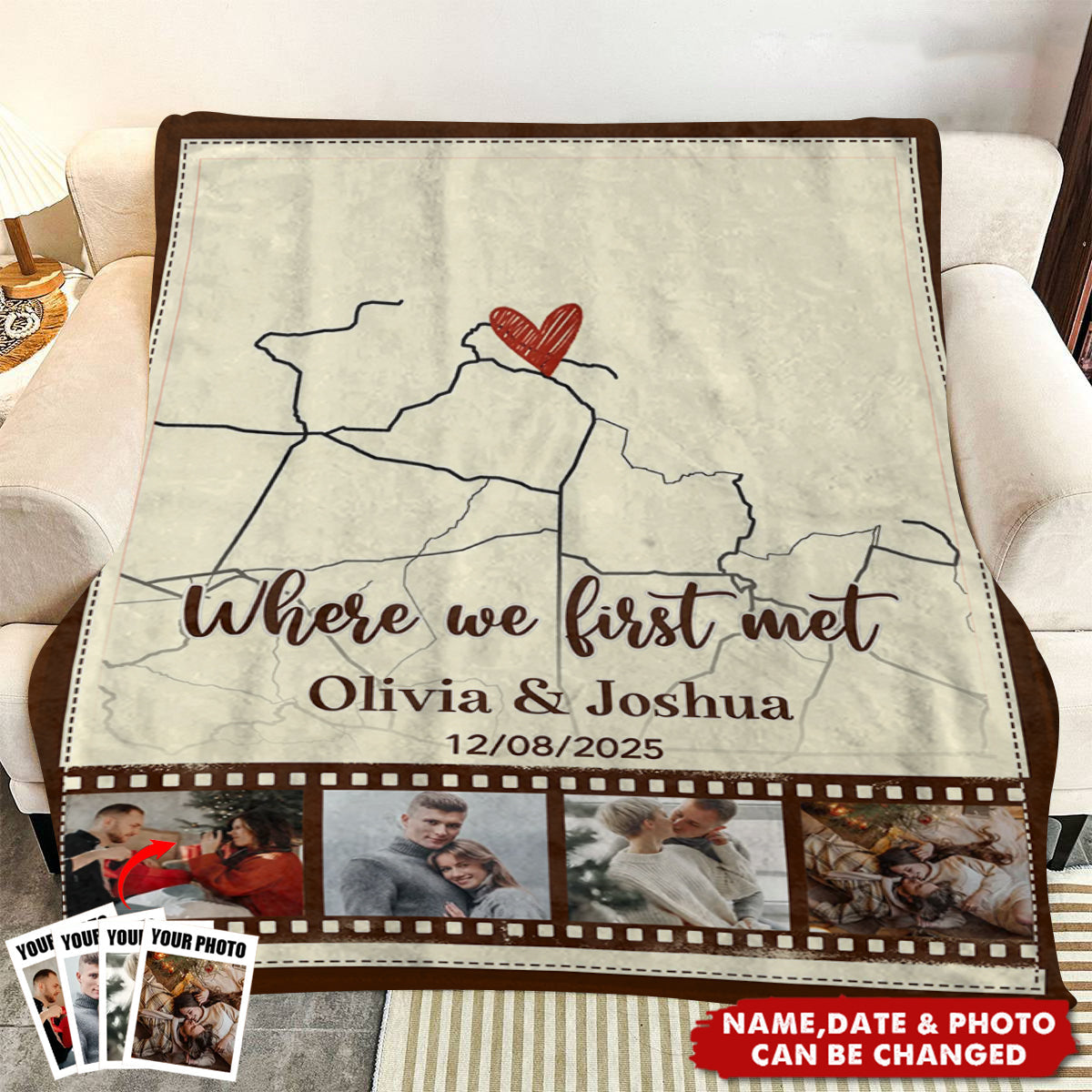 Personalized "Where We First Met" Map Art Blanket With 4 Photos & Names & Date | Romantic Anniversary Valentines Day Gift For Couples