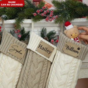 Leather Patch Personalized Knit Christmas Stockings - Custom Patch Monogram - Knit Holiday Gift For Family, Friends