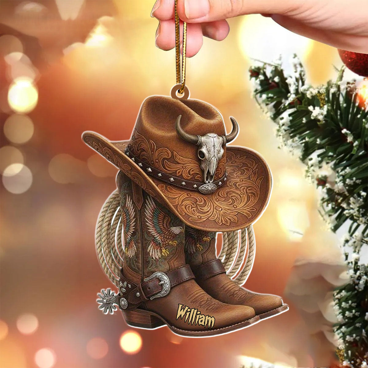 Personalized Western Boots and Hat Ornament With Name Free-Spirited Christmas Gifts For Rodeo Lover